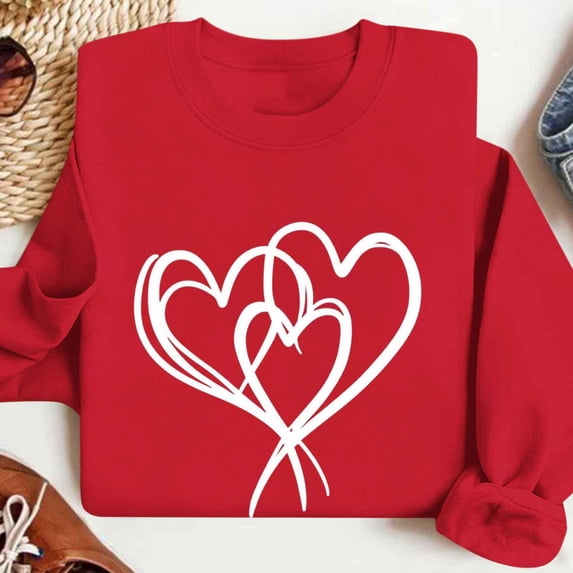 Feancey Women's Crewneck Pullover Sweatshirts Cute Love Heart Print Graphic Sweatshirt Comfy Fleece Lined Long Sleeve Shirt Fashion Spring Tops Red S