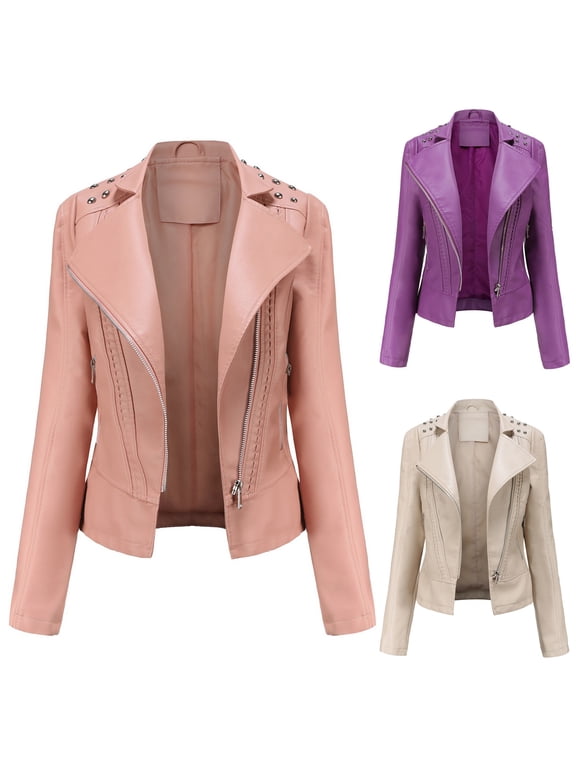 Women's Cropped Faux Leather Jacket Dressy Trendy Windproof Moto Jackets Long Sleeve Zip up PU Bike Coats Lightweight Outerwear with Pockets Pink S
