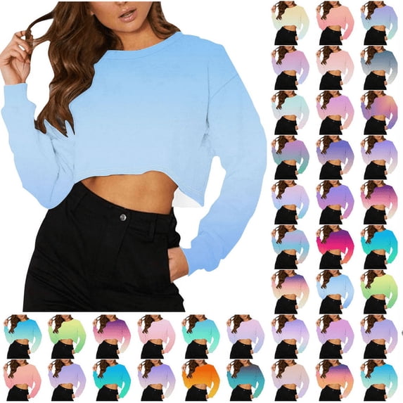 Feancey Women's Fall Cropped Tops Oversized Crop Crewneck Sweatshirt Women Gradient Color Drop Shoulder Long Sleeve Pullover Fall Fashion Clothes Holiday Gifts Watermelon Red XL