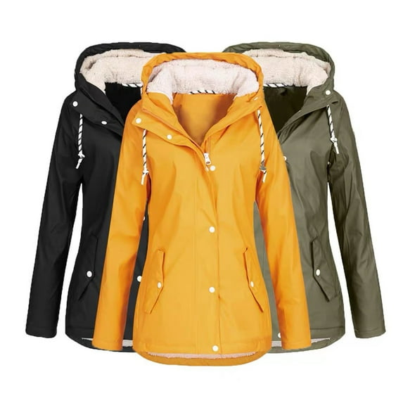 Feancey Women's Fleece Lined Rain Jacket Winter Plus Size Hooded Raincoat Full Zip Long Hiking Windbreaker Jackets Outdoor Warm Up Trench Coat with Pockets