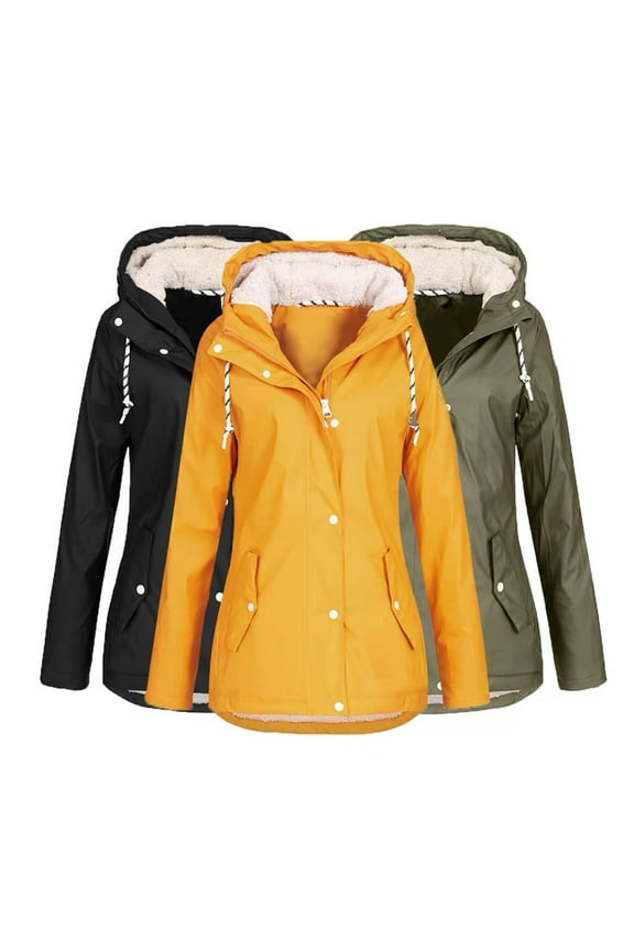 Women's Fleece Lined Rain Jacket Winter Plus Size Hooded Raincoat Full Zip Long Hiking Windbreaker Jackets Outdoor Warm Up Trench Coat with Pockets Winter Sale