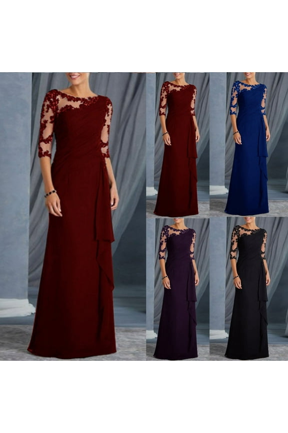 Women's Formal Wedding Guest Dresses Elegant Lace Half Sleeve Crewneck Maxi Dress Trendy Ruffle Long Gowns Dresses Daily Sales