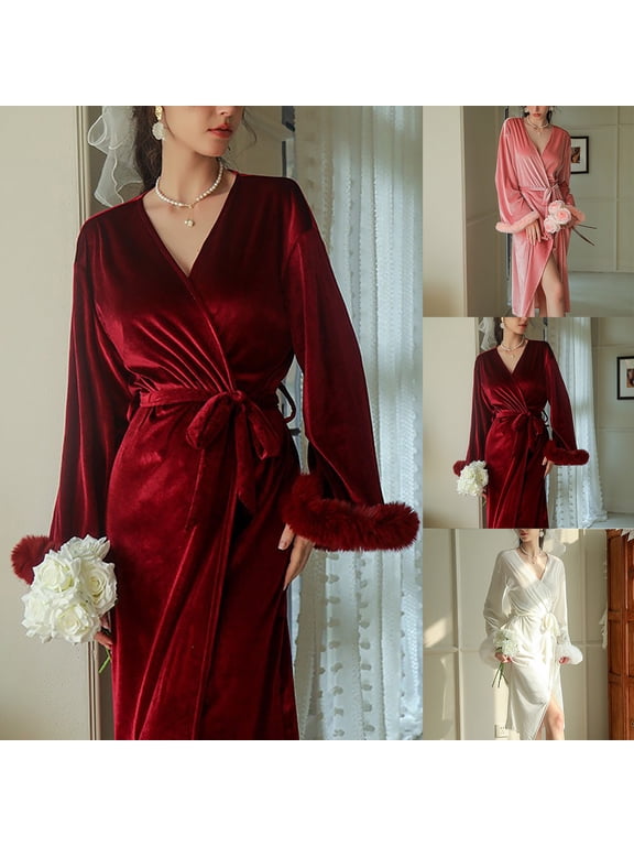 Women's Gold Velvet Robe Winter Long Bathgown Furry Sleeve Home Wear Thick Warm Sleepwear Elegant Bride Nightgowns White M