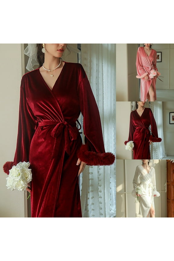 Women's Gold Velvet Robe Winter Long Bathgown Furry Sleeve Home Wear Thick Warm Sleepwear Elegant Bride Nightgowns Pink 2XL