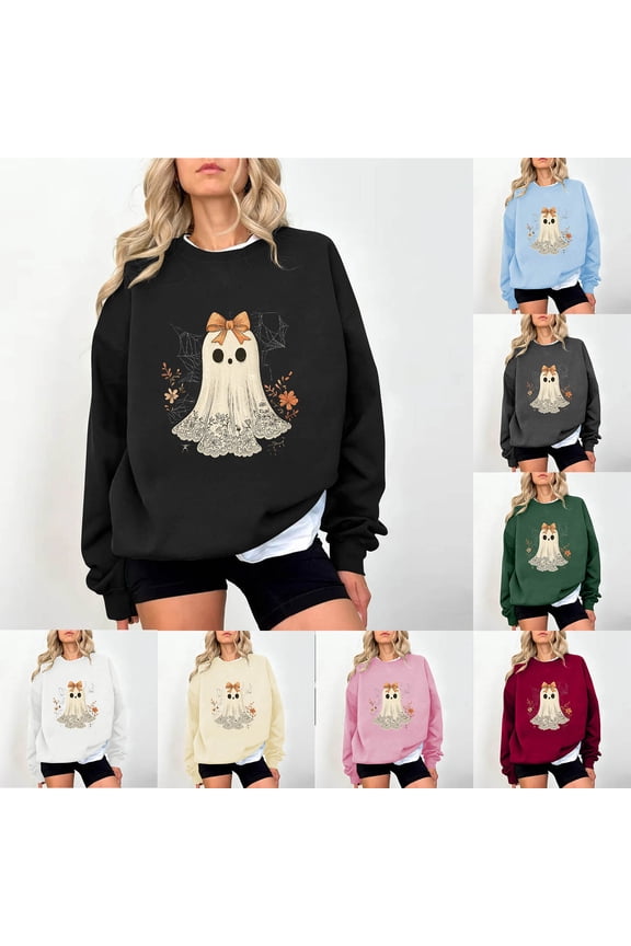 Women's Graphic Crewneck Sweatshirts Halloween Spooky Season Sweatshirt Holiday Casual Long Sleeve Pullovers Funny Ghost Cute Tops Army Green S