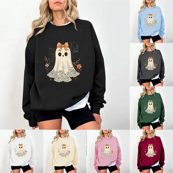 Feancey Women's Graphic Crewneck Sweatshirts Halloween Spooky Season Sweatshirt Holiday Casual Long Sleeve Pullovers Funny Ghost Cute Tops Red XXL