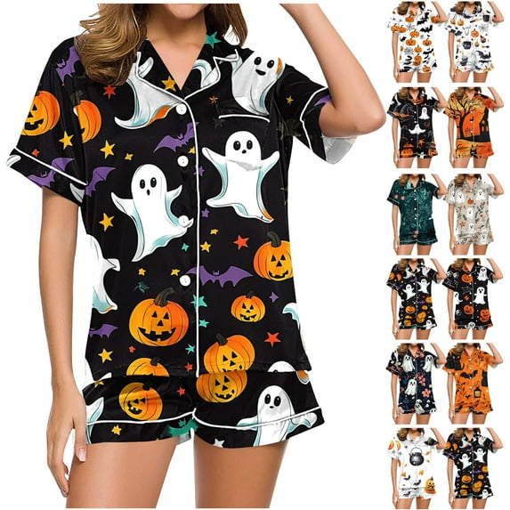 Feancey Women's Halloween Pajama Set Holiday Casual Pumpkin Ghost Print Cute Pjs Sets Short Sleeve Button Down Sleepwear with Shorts 2 Piece Outfits Multicolor L