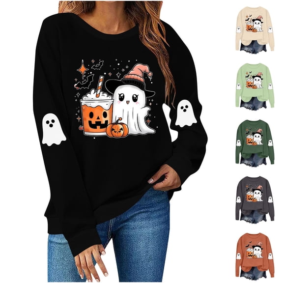 Feancey Women's Halloween Shirts Funny Cute Ghost Graphic Sweatshirts Holiday Casual Long Sleeve Crewneck Pullover Tops Teen Girls Oversized Sweatshirt Black S