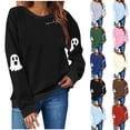 thumbnail image 1 of Feancey Women's Halloween Sweatshirt Spooky Season Crewneck Sweatshirts Teen Girl Long Sleeve Cute Ghost Graphic Pullover Tops Red L, 1 of 5