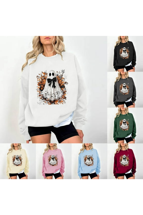 Women's Halloween Sweatshirts Holiday Novelty Ghost Print Graphic Pullover Tops Teen Girl Long Sleeve Crewneck Sweatshirt Army Green M