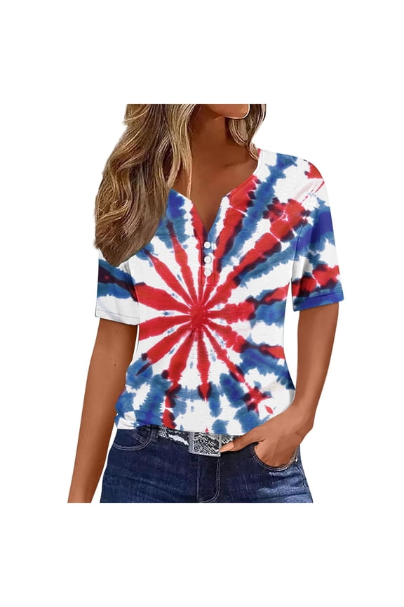 Women's Henley Tops 4th of July Short Sleeve Casual Tie Dye Print Tunics Trendy Button V-Neck Memorial Day T-Shirts Summer Patriotic Blouses Novelty Gift for Girlfriend