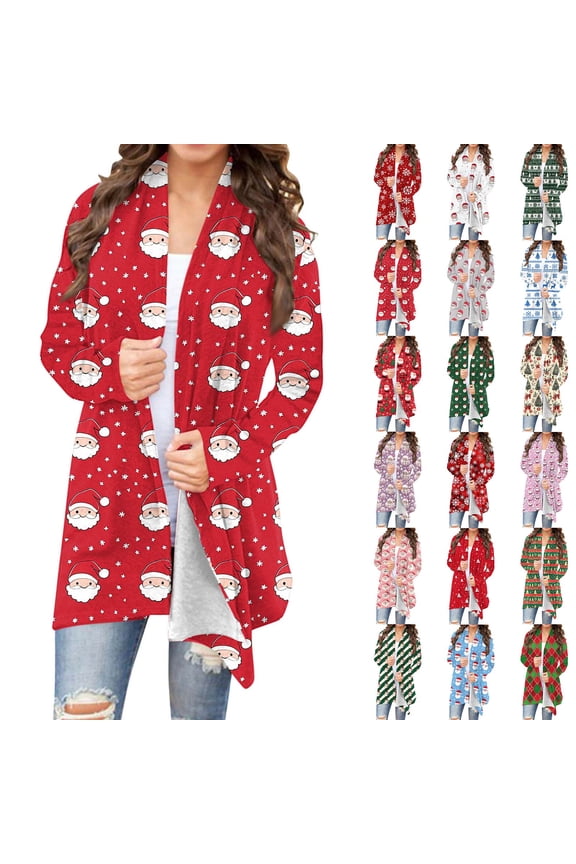 Women's Holiday Cardigans Holiday Casual Plaid Print Cardigan Jacket Long Sleeve Shawl Collar Dusters Xmas Open Front Cardigans Gray S