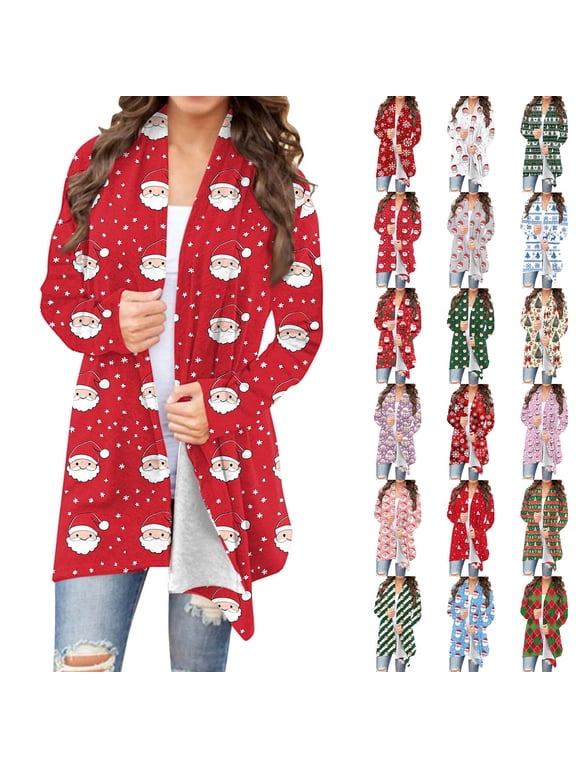 Women's Holiday Cardigans Holiday Casual Plaid Print Cardigan Jacket Long Sleeve Shawl Collar Dusters Xmas Open Front Cardigans Gray S