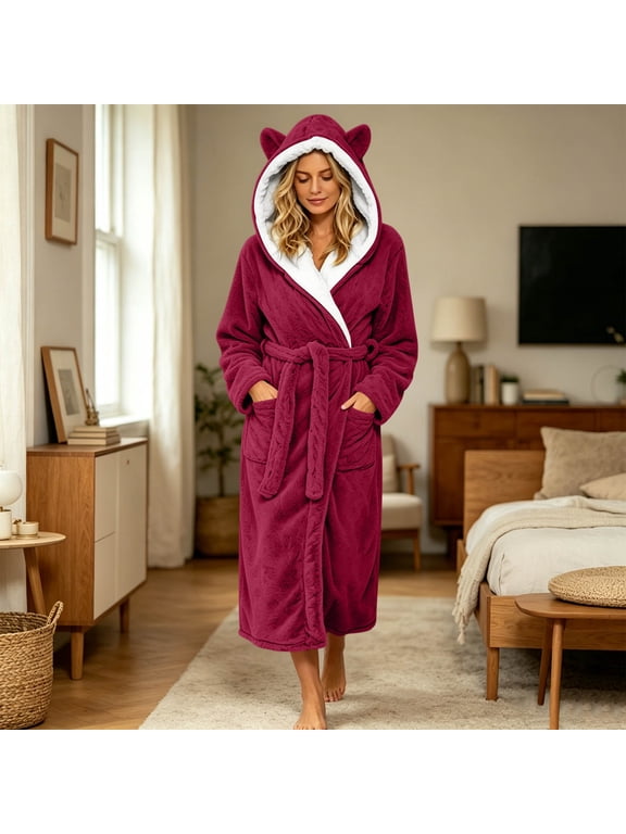 Women's Hooded Fleece Bathrobe with Cat Ears Comfy Plush Long Robes Winter Warm Furry Wrap Robe Cute House Coat with Pockets for Relaxing at Home S