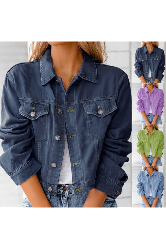Women's Jean Jackets Lightweight Denim Bomber Jacket Cropped Casual Long Sleeve Fashion Jackets Fall Thin Coats with Pockets Purple S