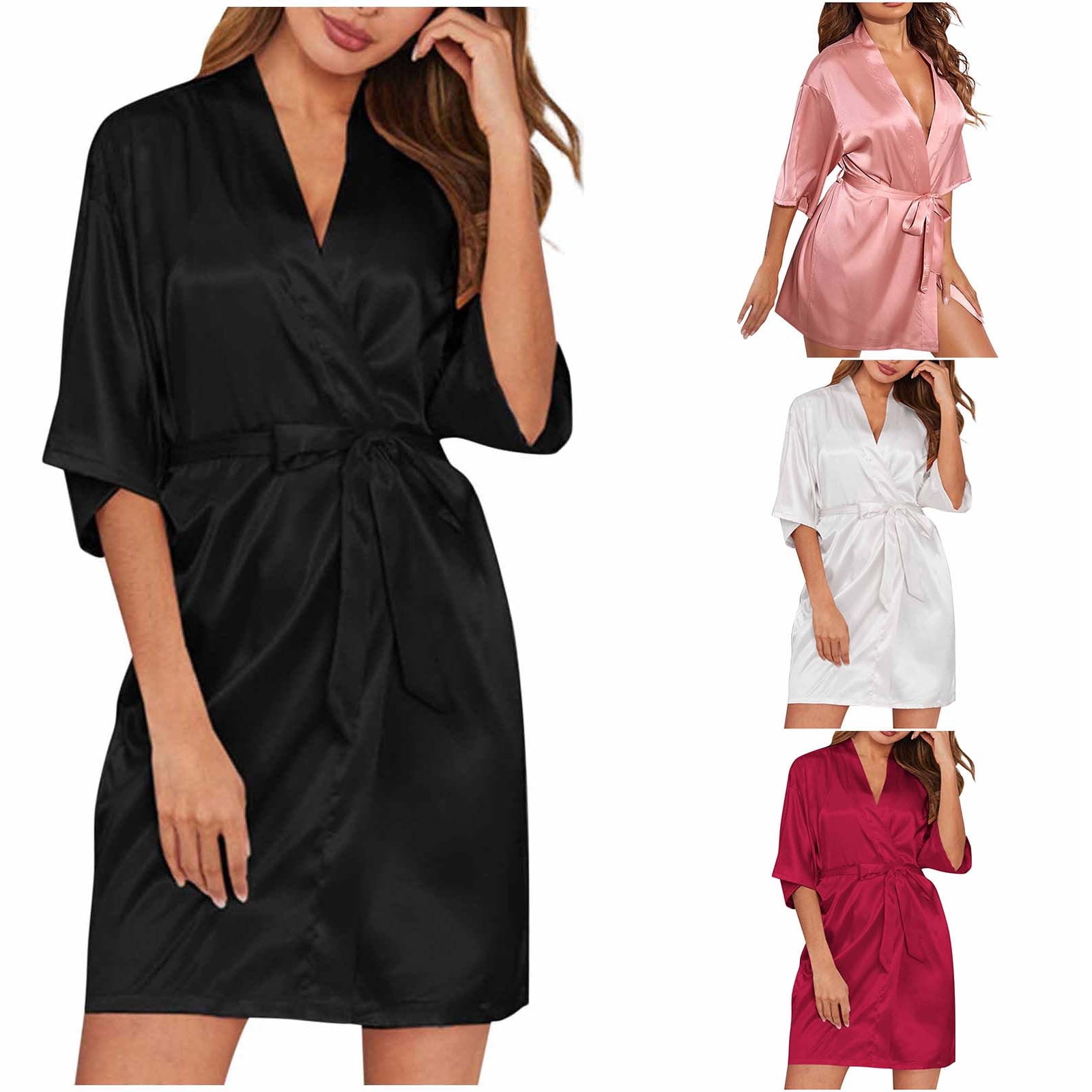 Feancey Women's Kimono Robes Silk Half Sleeve Bathrobe Knee Length Soft ...