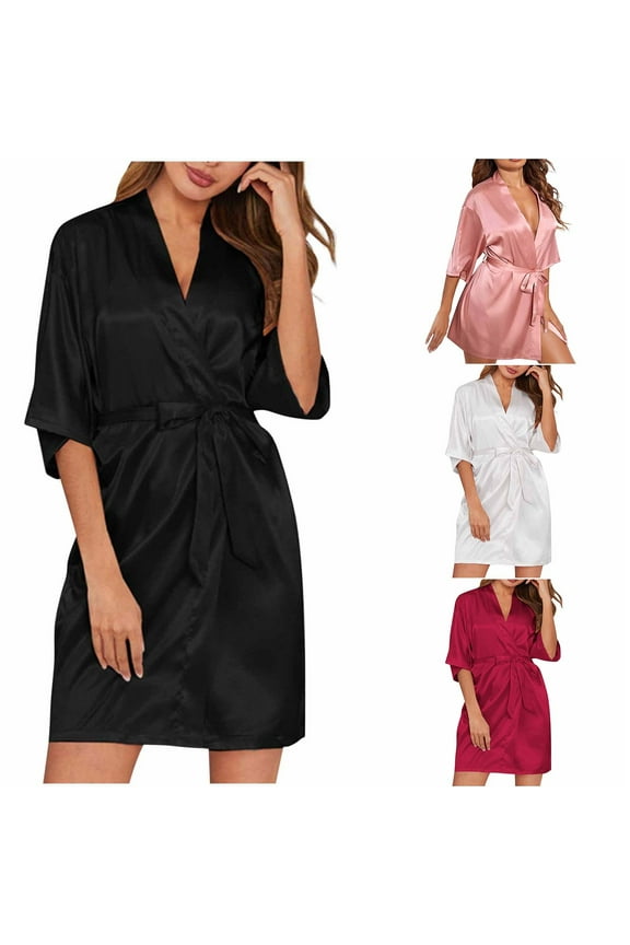Women's Kimono Robes Silk Half Sleeve Bathrobe Knee Length Soft Satin Nightgown Belted Short Lightweight Sleepwear Pink L