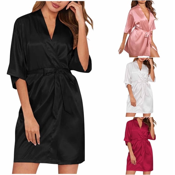 Feancey Women's Kimono Robes Silk Half Sleeve Bathrobe Knee Length Soft Satin Nightgown Belted Short Lightweight Sleepwear Pink L