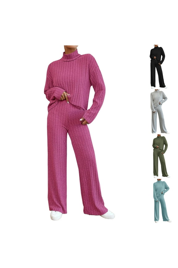 Women's Knit 2 Piece Set Fall Turtleneck Sweater Top and Wide Leg Pant Lounge Pajama Sets Dressy Casual Solid Color Knitted Two Piece Pants Suits Back to School Prime Sales Gray S