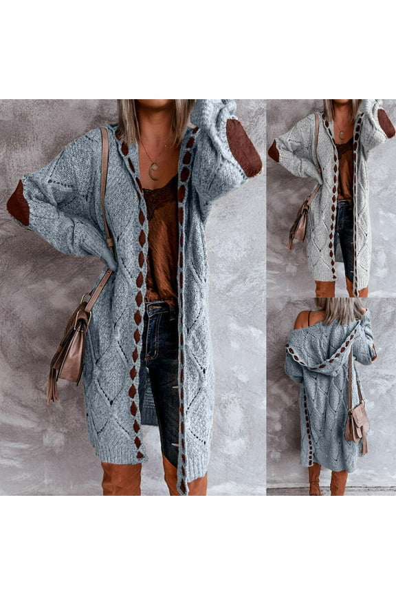 Women's Knit Cardigan Plus Size Hooded Long Knit Sweaters Cable Knitted Elbow Patch Sleeve Chunky Cardigans Winter Soft Cozy Sweater Coats with Pockets Gray XXL
