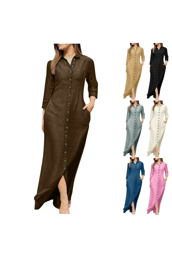 Women's Linen Maxi Dresses with Pockets 3/4 Sleeve Lapel Button Down Dress Casual Dressy Slit Long Dresses with Pockets,Coffee,2XL