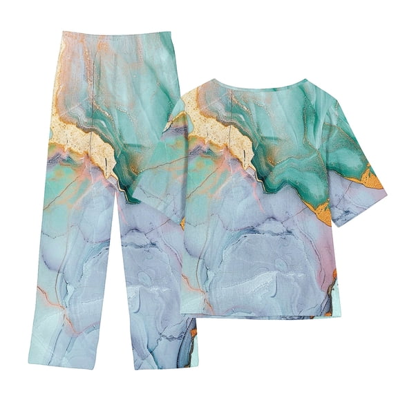 Feancey Women's Linen Outfits Summer Trendy 2 Pieces Dressy Marble Print Outfit Sets Short Sleeve Crewneck Tops Loose Capri Pants Matching Set