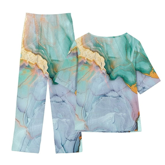 Feancey Women's Linen Outfits Summer Trendy 2 Pieces Dressy Marble Print Outfit Sets Short Sleeve Crewneck Tops Loose Capri Pants Matching Set