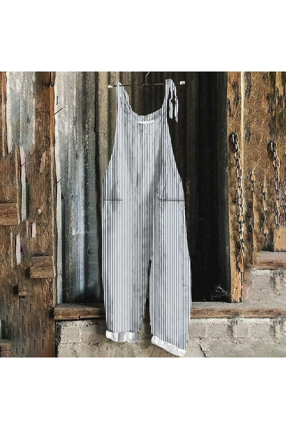 Women's Linen Overalls Loose Fit Casual Striped Jumpsuits Summer Sleeveless Plus Size Rompers Wide Leg Hippie Jumpsuit with Pockets Navy XL