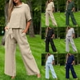 thumbnail image 1 of Feancey Women's Linen Sets Summer Casual Cowl Neck Short Sleeve Top and Drawstring Wide Leg Pants Two Piece Set Solid Color Loose Beach Travel Outfits Funny Gifts Green L, 1 of 8