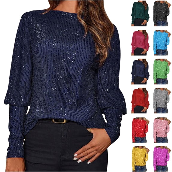 Feancey Women's Long Sleeve Sequin Tops Sparkly Glitter Party Night Shirt Dressy Trendy Going Out Blouse Elegant Formal T-Shirts Red XXL