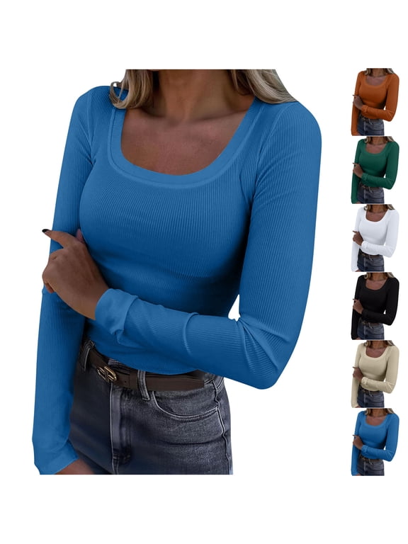 Women's Long Sleeve Shirts Ribbed Knit Casual Slim Fit Basic Tees Square Neck Trendy T-Shirt Fall Winter Thermal Undershirts Orange 3XL