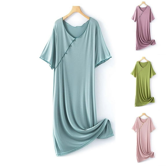 Feancey Women's Lounge Nightgowns Summer Short Sleeve Scoop Neck Sleep Dress Solid Color Casual Soft Nightdress Comfy Loose Homewear Daily Clearance Sale Green Free Size