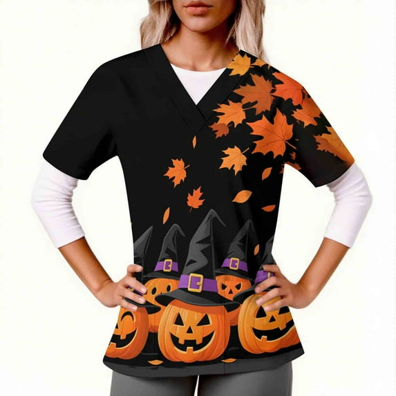Feancey Women's Medical Scrub Shirts Thanksgiving Short Sleeve V Neck Nursing Scrubs Holiday Novelty Printed Tunic Tops Stretchy Casual Working T-Shirts Black S