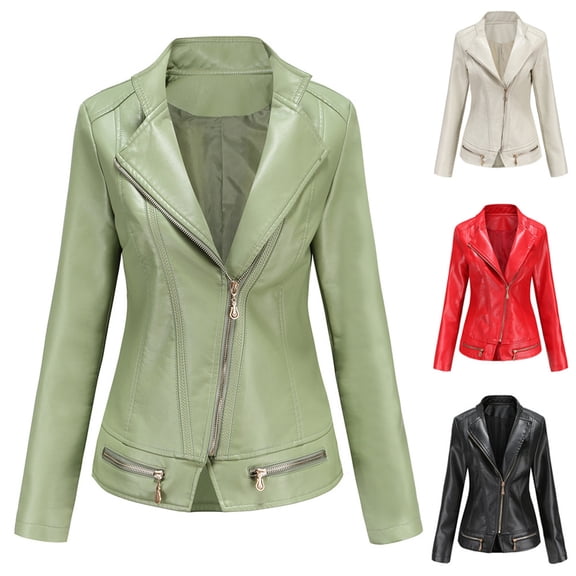 Feancey Women's Motorcycle Jacket Faux Leather Jacket for Women Cropped Slim Fit PU Moto Coats Full Zip Fashion Windbreaker Outerwear Green L