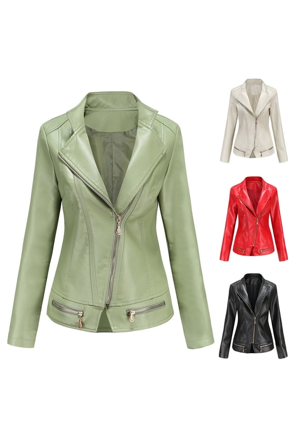 Women's Motorcycle Jacket Faux Leather Jacket for Women Cropped Slim Fit PU Moto Coats Full Zip Fashion Windbreaker Outerwear Red L