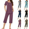 thumbnail image 1 of Feancey Women's Pajama Sets with Pockets Button Short Sleeve Blouse and Capri Pants Sleepwear Two Piece Pleated Casual Loungewear Oufits Purple L, 1 of 9
