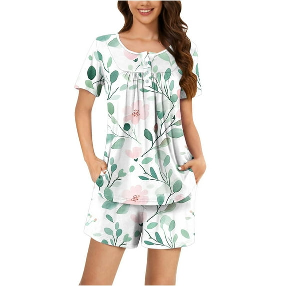 Feancey Women's Pajama Sets Summer Short Sleeve Floral Print Pjs Set Button Up Ruched Tshirt and Shorts Soft Sleepwear Two Piece Loungewear Summer Sale Multicolor XXL