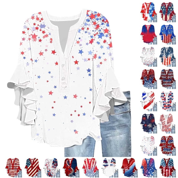 Feancey Women's Patriotic Blouse Dressy 3/4 Ruffle Sleeve Henley Shirts 4th of July Casual Button V Neck Tops Loose Fit Dressy Patriotic T-Shirts Multicolor XXL