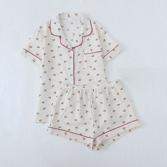 Feancey Women's Pjs Sets Summer Cute Floral Print Sleepwear Lounge Set Lightweight Casual Button Down Shirts and Shorts Pajamas Two Piece Novelty Gifts Red S