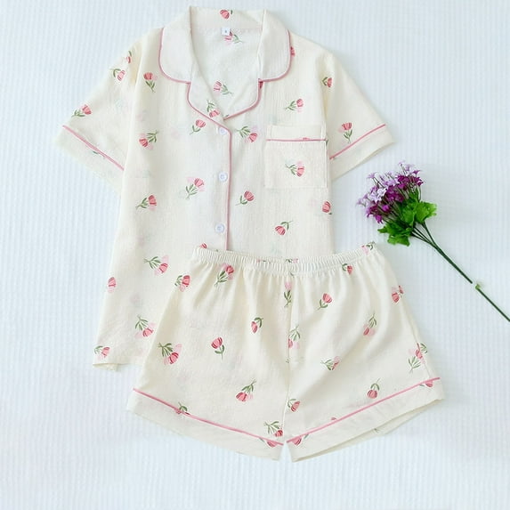 Feancey Women's Pjs Sets Summer Cute Floral Print Sleepwear Lounge Set Lightweight Casual Button Down Shirts and Shorts Pajamas Two Piece Pink L