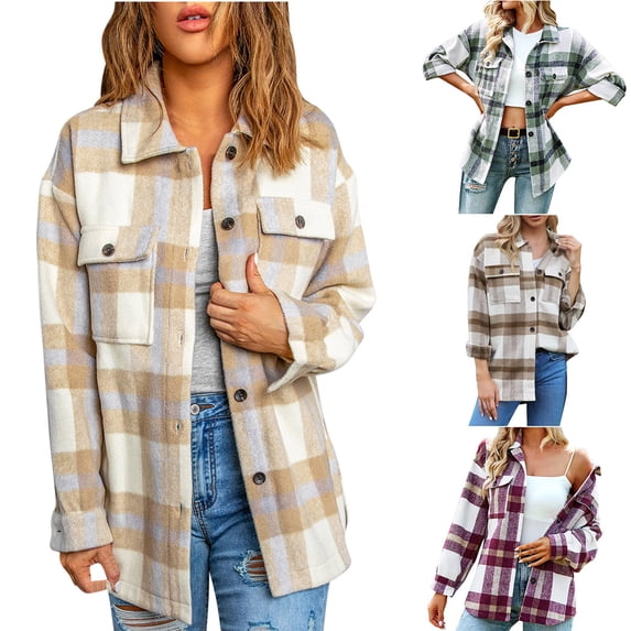 Feancey Women's Plaid Shirt Jackets Fall Winter Fashion Long Sleeve Flannel Shacket Jacket Button Down Casual Collared Trench Coat with Pockets Khaki XL