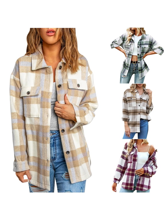 Women's Plaid Shirt Jackets Fall Winter Fashion Long Sleeve Flannel Shacket Jacket Button Down Casual Collared Trench Coat with Pockets Wine S