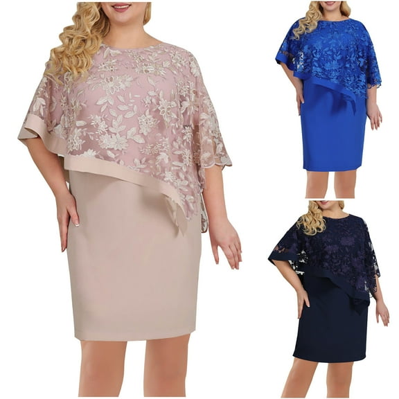 Feancey Women's Plus Size Cape Dress Embroidery Lace Midi Dresses Elegant Mother off The Bride Dress for Women Cocktail Semi Formal Dresses Sale off The Day Blue L