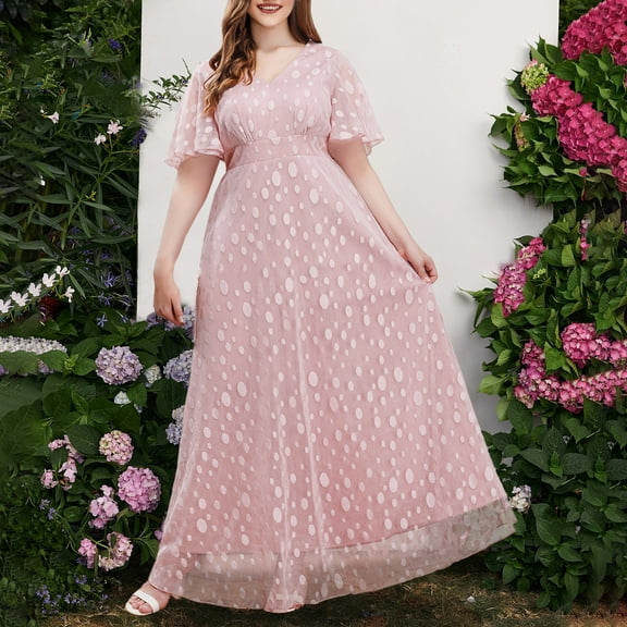 Feancey Women's Plus Size Chiffon Dress Elegant High Waist Wedding Guest Dresses Ruffle Short Sleeve V Neck Maxi Dress Tea Length Cocktail Dresses Summer Sales Pink XL