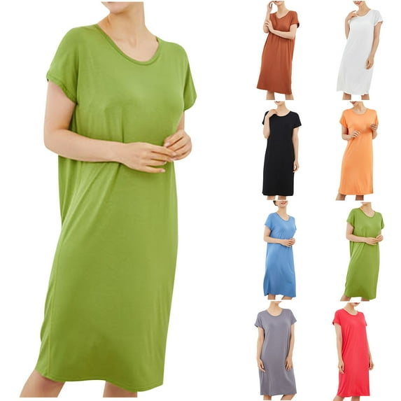 Feancey Women's Plus Size Nightgowns Cotton Casual Solid Color Nightshirts Short Sleeve Round Neck Sleep Dress Comfy Loose Pajama Dresses Spring Clearance Sale Red M