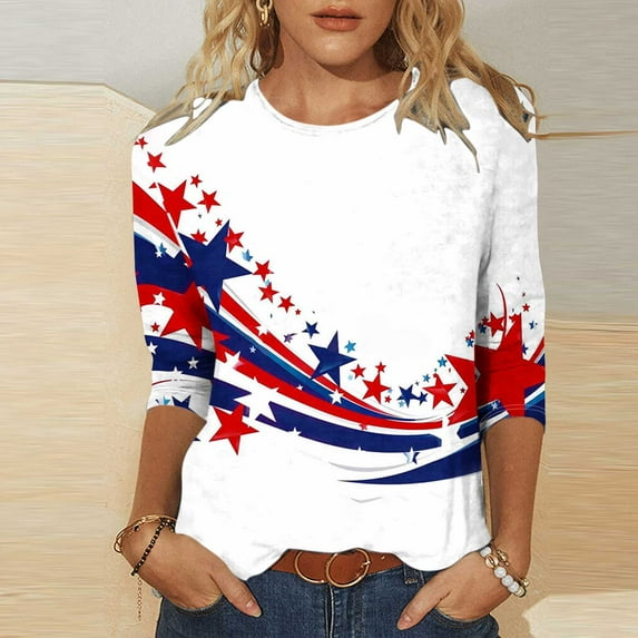 Feancey Women's Plus Size Patriotic Tops 3/4 Sleeve Round Neck Blouse 4th of July T Shirts for Women Memorial Day Novelty Print Graphic Tees Limited Time Sales Multicolor 5XL