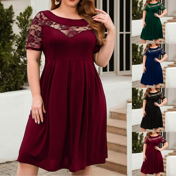 Feancey Women's Plus Size Semi Formal Dresses Lace Short Sleeve Wedding Guest Dresses Pleated Casual Midi Dress Summer Flowy A-Line Dresses Sales Today