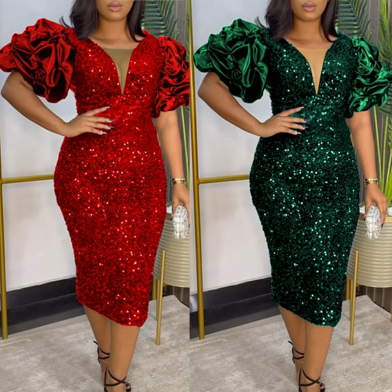 Feancey Women's Plus Size Sequin Dress Ruffle Short Sleeve V Neck Midi Dresses Dressy Elegant Bodycon Cocktail Dress for Women Trendy Back to College Sale