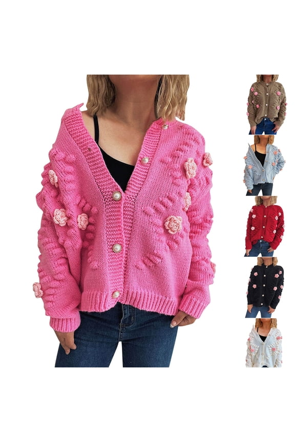 Women's Ribbed Knit Cardigans Embroideried Flower Long Sleeve Sweater Jacket Teen Girls Casual Pearl Button V Neck Cardigan Sweaters with Pockets Blue L