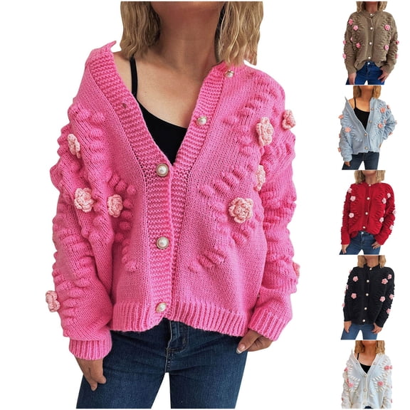Feancey Women's Ribbed Knit Cardigans Embroideried Flower Long Sleeve Sweater Jacket Teen Girls Casual Pearl Button V Neck Cardigan Sweaters with Pockets Black M